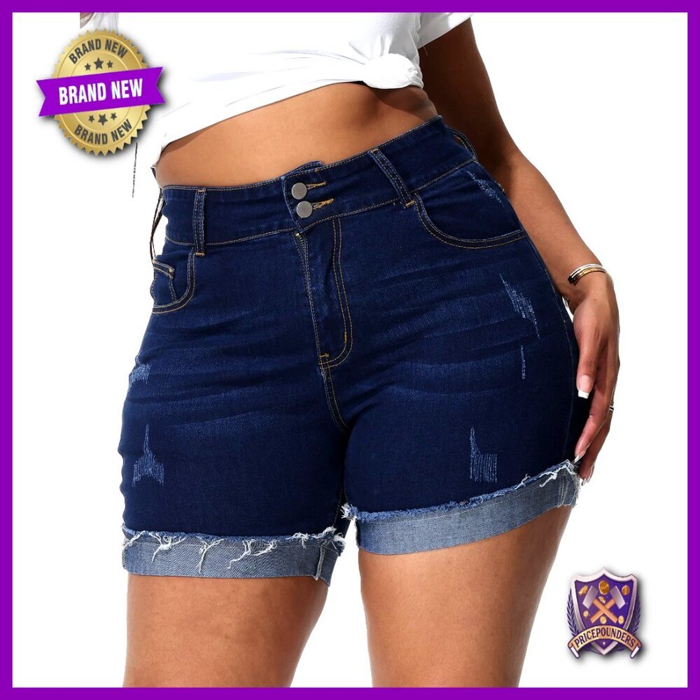 Plus Size High Waisted Stretchy Ripped Denim Jean Shorts Frayed Hem
